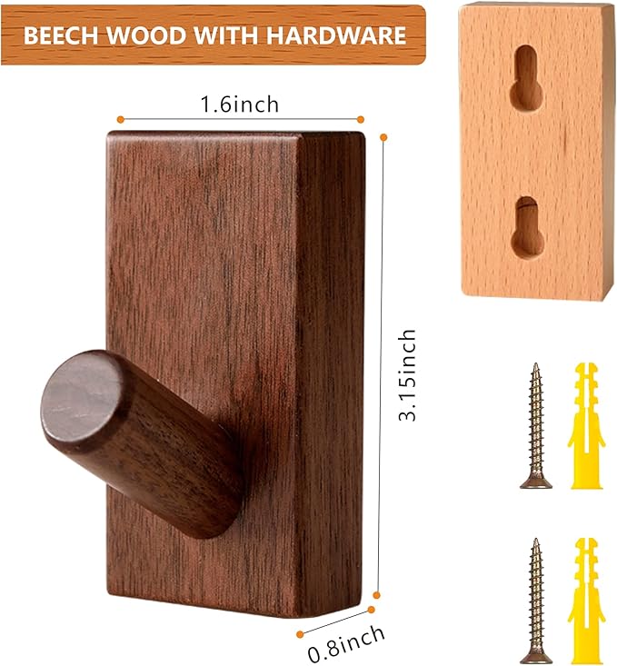 Wood Coat Hooks Wall Mounted - 4 Pack Wooden Wall Hooks for Hanging Robe & Towel, Natural Handmade Hat Hooks Heavy Duty(Walnut Wood)