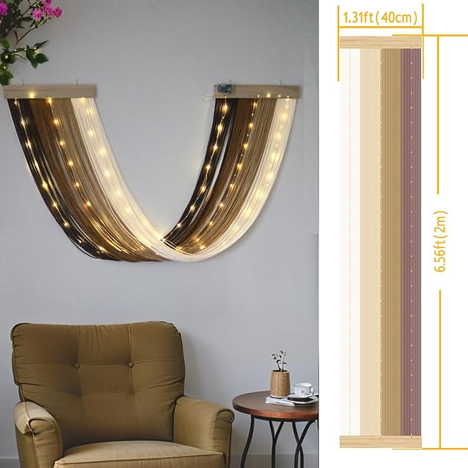 OakHaomie Macrame Fairy Lights Battery Operated with Remote,Large Macrame Wall Hanging with 20ft 100 LED String Lights,Brown Gradient Warm White Light for Living Room,Bedroom,Christmas,Holiday Deco