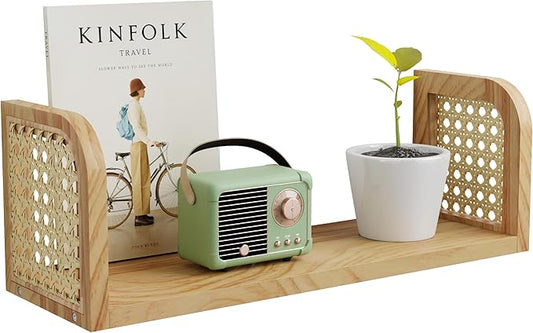 Rattan Wall Shelf, Hanging Book Shelves for Wall, Decorative Shelves for Natural Nursery Decor, Picture Ledge Shelves, Floating Rattan Shelf for Office, Bedroom, Bathroom