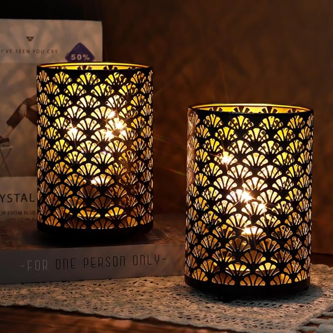 TRIROCKS Set of 2 Battery Operated Lamp 6.5'' Tall Metal Cordless Table Lamp Bronze Lanterns with Warm Fairy Lights Bulb for Patio Garden Wedding Parties Indoor Outdoor(Scalloped Hollow Pattern)