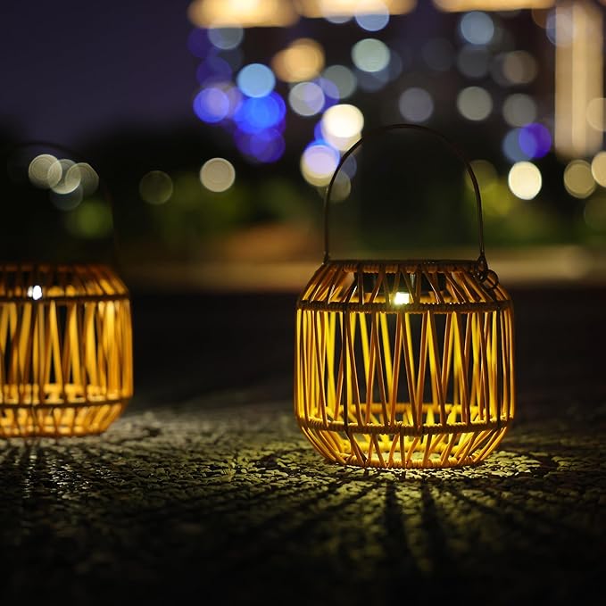 MYCRLIFE Solar Outdoor Rattan Lanterns, Decorative Hanging Lights for Patio Garden Backyard（Two Pack）(Style 1)