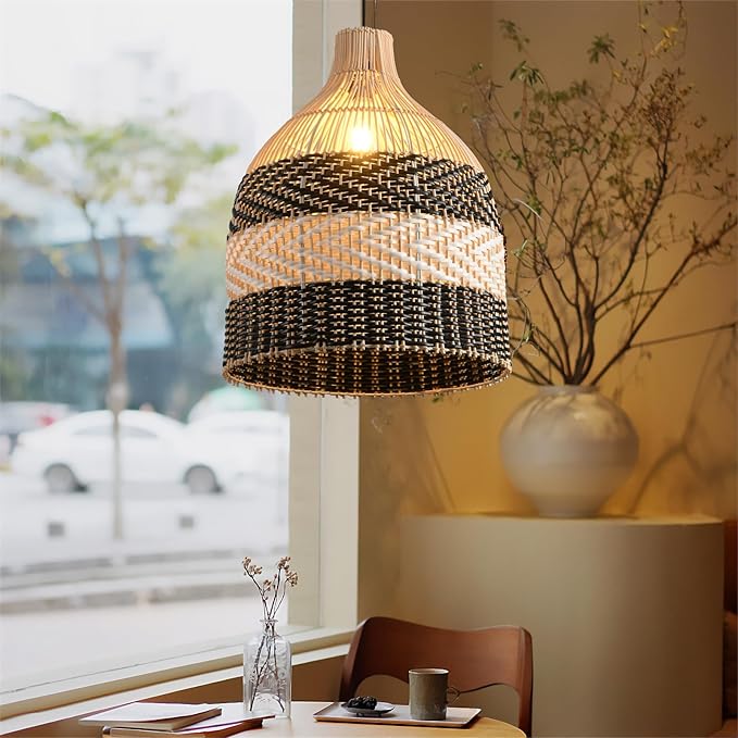15.75" Rattan Pendant Light Black White Faux Rattan Basket Chandelier 1-Pack Boho Handmade Woven Wicker Hanging Light Fixture for Public Place Dining Living Bedroom Kitchen Farmhouse