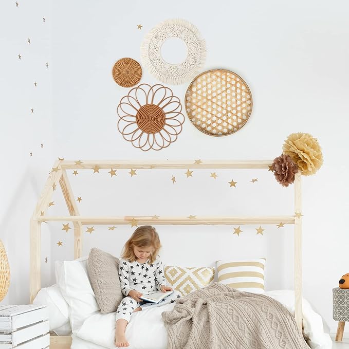 Marsui Set of 8 Boho Wall Hanging Set - Woven Rattan, Bamboo Baskets with Macrame Tassels & Tapestry for Bedroom, Living Room, Nursery Decor