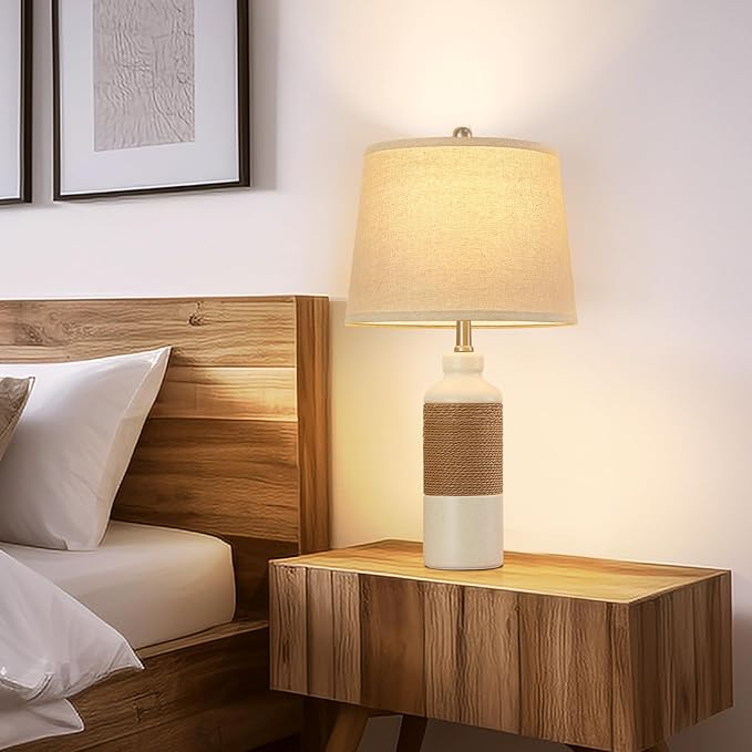 GyroVu Boho Rattan Table Lamp Set of 2, Bedside Lamps, Lamps for Night Stands, Vintage Farmhouse Rattan Table Lamp Antique Lamp for Decoration, Living Room Bedside Table