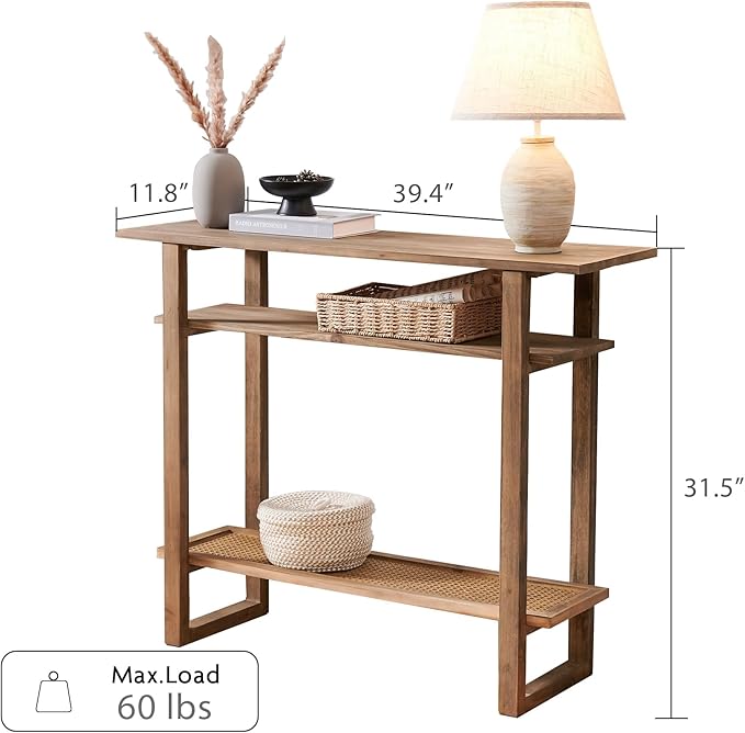 Boho Solid Wood Console Table – 39.4 Inches Rustic Farmhouse Entryway Table with Rattan Shelf, 3 Tier Open Tiered Console Table, Sofa Table for Hallway, Living Room, Foyer