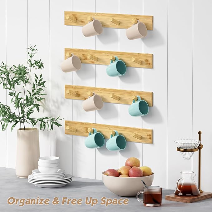 Forbena Natural Wood Coat Rack Wall Mount Set of 4, Wooden Wall Hooks for Bathroom Towels, Vertical Coat Hanger for Kids Room, Boys Girls Bedroom, Office, Entryway Keys Hats and Shoes -16 Hooks