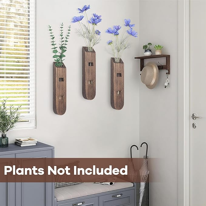 3 Pack Wood Planter Set, Boho Wall Decor for Living Room, Modern Farmhouse Entryway or Bathroom Decor, Wooden Vase Aesthetic Art for Wall Decorations