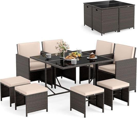 Tangkula 9 Piece Patio Dining Set, Rattan Chairs with Tempered Glass Table & Ottoman, Space Saving Wicker Sectional Conversation Set with Removable Cushions, Outdoor Furniture for Backyard Garden Deck