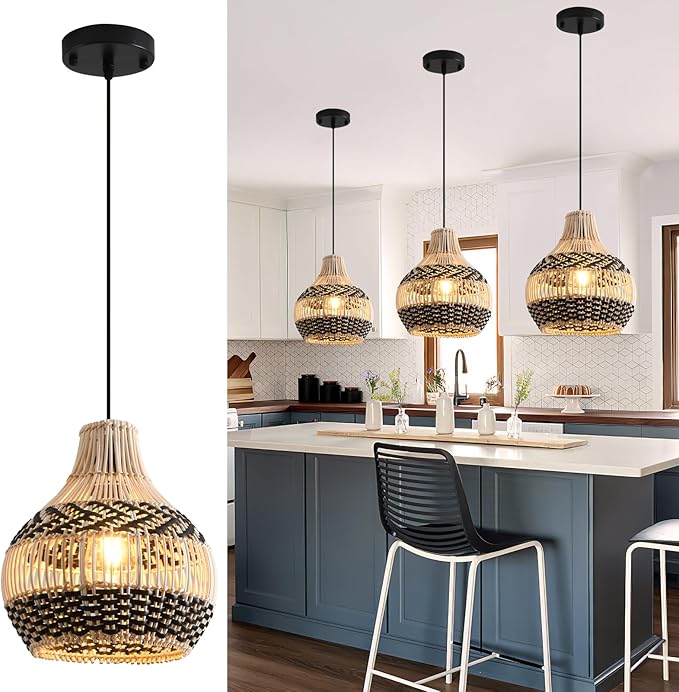 3-Pack Rattan Pendant Light,11" Hand-Woven Black Faux Rattan Hanging Light Boho Wicker Basket Chandelier,for Living Room BedroomKitchen Dining Farmhouse