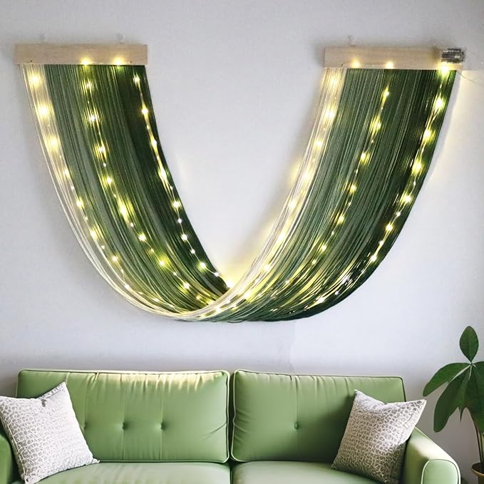 OakHaomie Macrame Fairy Lights Battery Operated with Remote,Large Macrame Wall Hanging with 20ft 100 LED String Lights,Green Gradient Warm White Light for Living Room,Bedroom,Christmas,Holiday Deco