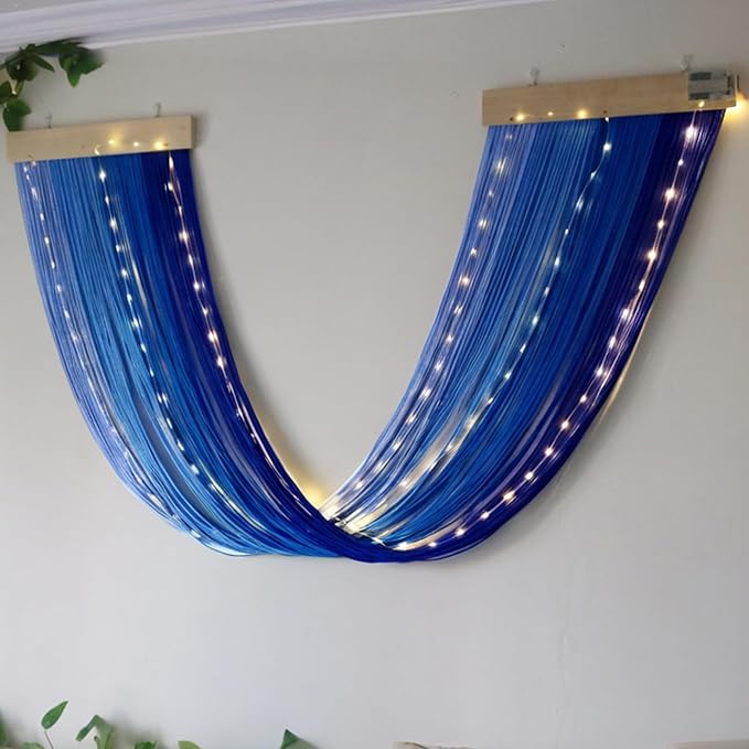 OakHaomie Macrame Fairy Lights Battery Operated with Remote,Large Macrame Wall Hanging with 20ft 100 LED String Lights, Blue Gradient Warm White Light for Living Room,Bedroom,Christmas,Holiday Deco