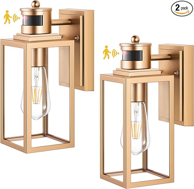 VIANIS 2 Pack Gold Outdoor Wall Lights, Motion Sensor Exterior Garage Lighting Fixture for House, Modern Dusk to Dawn Front Porch Light, Anti-Rust Waterproof Outdoor Wall Lantern Wall Mount Sconce