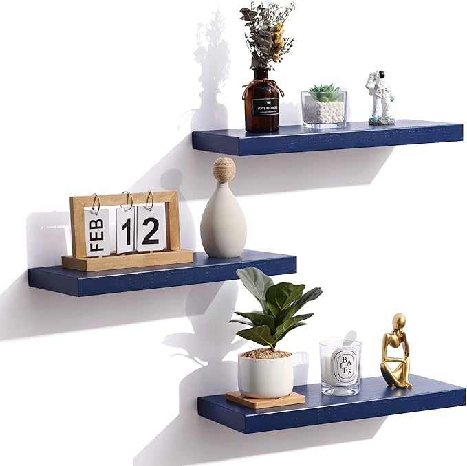 fuqing Blue Floating Shelves for Wall - Wood Wall Shelves Set of 3 - Dark Blue Shelves for Room Decor & Storage in Bedroom Living Room Bathroom Kitchen