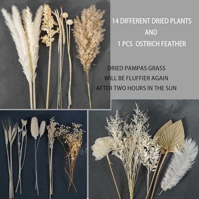 Natural Dried Pampas Dried Flower Bouquet, 17 "White Dried Fowers Bouque, Palm Leaf and Hydrangea Combination Bouquet, Boho Home Decor,Suitable for DYI Decorative Dried Flower Arrangements