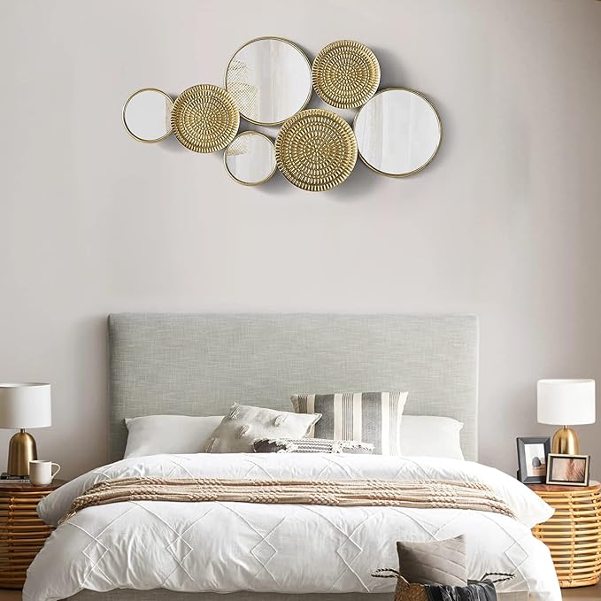 Oakrain Home Decor Metal Wall Mirror with Multi Circle Plates, Large Modern Wall Art Sculpture Decor for Living Room, Office, Bedroom, 45.3 X 1.9 X 21.6 Inches, Gold