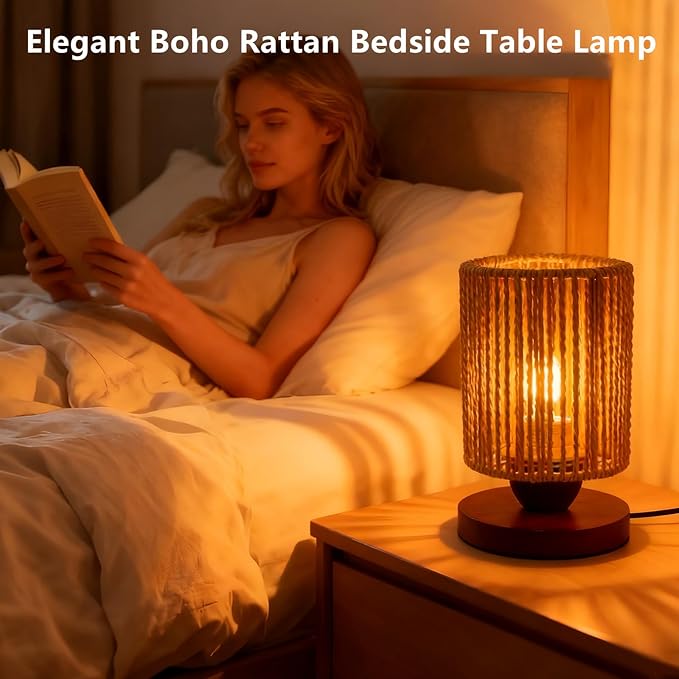 Rattan Table Lamp,Boho Small Beside Lamp,Mini Farmhouse Table Lamp for Room Decor,Vintage Wicker Wooden Nightstand Bamboo Woven End Table Lamps for Living Room Bedroom Desk Kids Room,LED Bulb Included