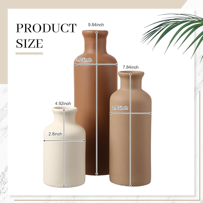 Tiangrid 5 Pcs Rustic Country Tabletop Centerpieces Decor Set of 3 Boho Ceramic Vases with Wooden Serving Tray Wood Bead Garland Tassels Table Holder for Home Decorations (Brown)