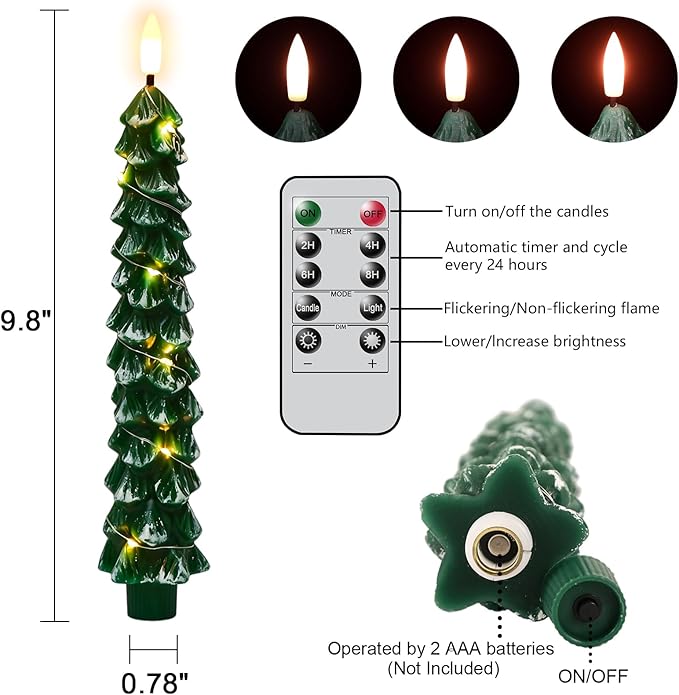GenSwin Flameless Christmas Tree Candles with Remote Timer, Real Wax Christmas Tree Flameless Taper Candles Battery Operated with String Lights, Set of 4 LED Tree Candlesticks for Home Winter Decor