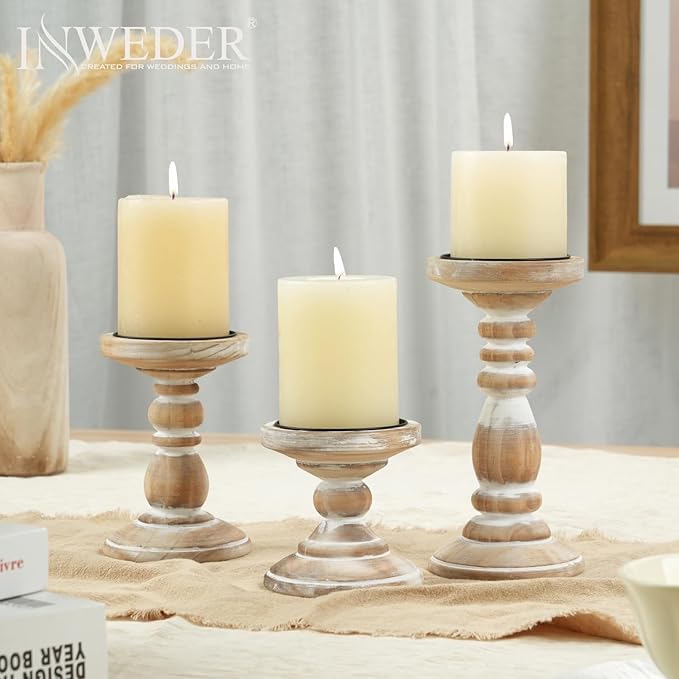 Wood Pillar Candle Holder: 3Pcs Rustic White Candle Holders for Pillar Candles Wood Candle Holders Distressed Wooden Farmhouse Candle Holder Large Rustic Candle Holder for Fireplace Table