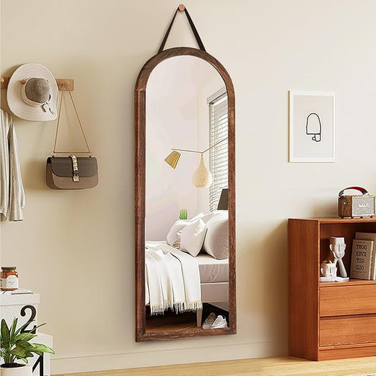 16"x48" Arched Full Length Mirror Solid Wood Wall Mirror with Hanging Strap for Living Room Bathroom Bedroom Entryway - Brown