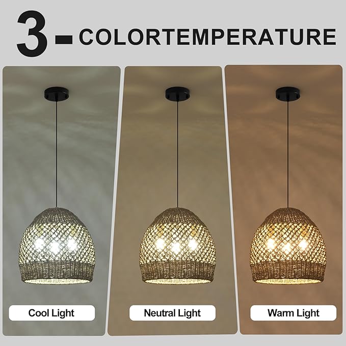 13.39" Rattan Pendant Light 3-Light Boho Hanging Wicker Hand-Woven Seagrass Chandelier for Kitchen Islands Farmhouse