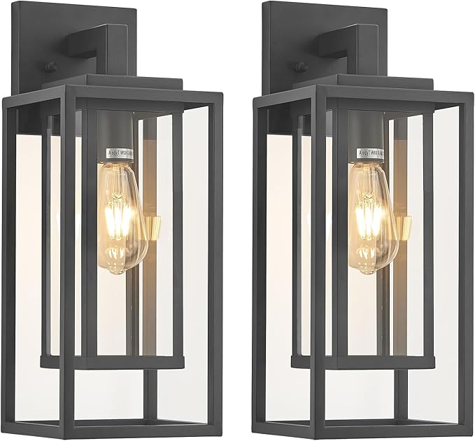 18" Outdoor Wall Light Fixtures Waterproofed Exterior Lantern W/Sturdy Rectangular Double Cage In Satin Black&Clear Tempered Glass,Sconce Mounted For House Patio,Front door,Porch,Garage Lighting 2Pack