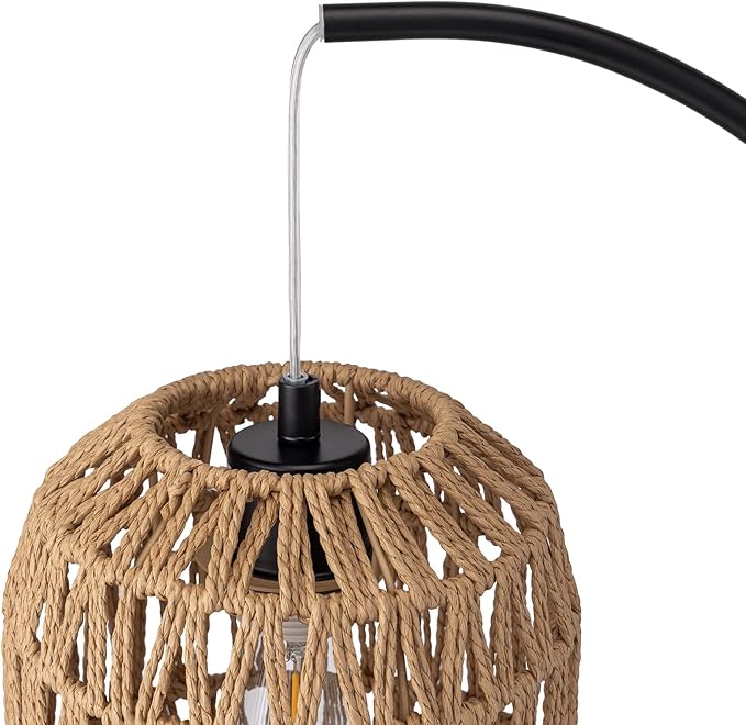 Handmade Woven Rattan Table Lamp with USB Port, Boho Bedside Lamp for Bedroom, Office & Nightstand, Full Metal Base with Two-Color Hand-Woven Rattan Shade