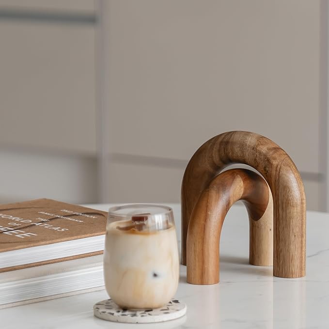Wood Arch Bookshelf Decor - Modern Shelf Decor Accents, Decorative Objects for Coffee Table, Entryway Table Sculptures, Minimalist Home Decorations for TV Console, Built in Shelves and Mantle