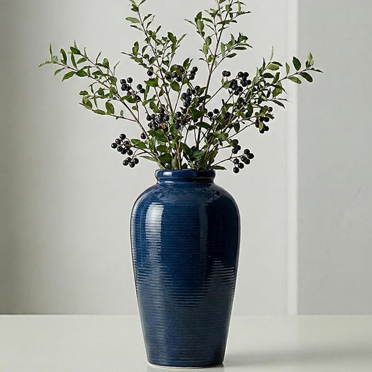 Wancetang Blue Ceramic Vases Home Decor - 11 Inch Tall Farmhouse Vases for Flowers, Modern Textured Vase for Centerpieces, Living Room, Kitchen Island Decor, Fireplace, Entryway Decorations