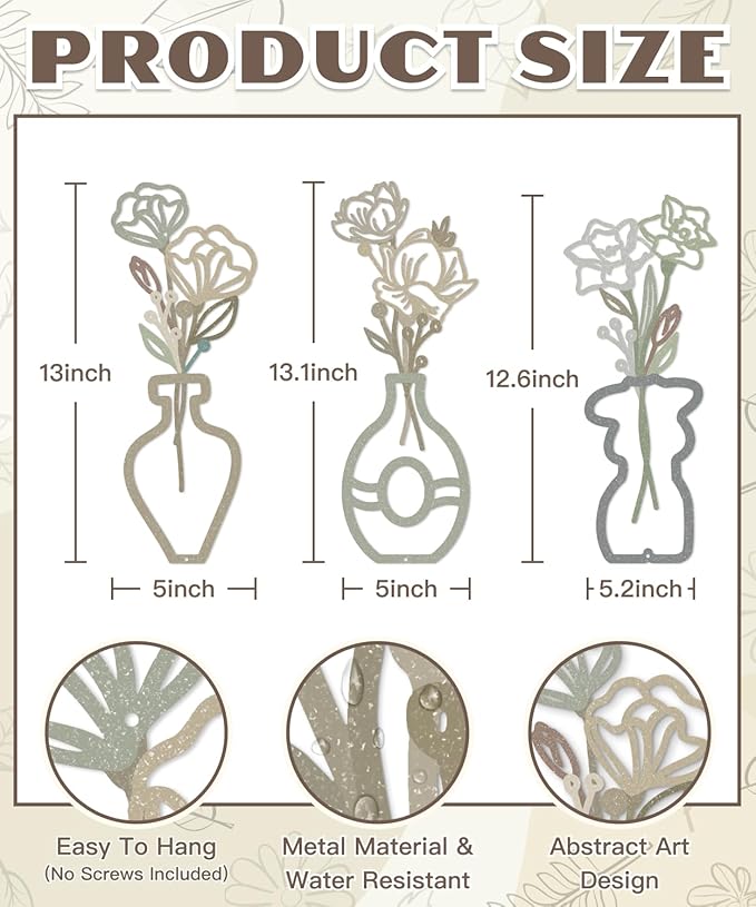 Putuo Decor 3-Piece Metal Flower Wall Decor, Floral Vase Bouquet Outline Accents Abstract Wall Art, Boho Farmhouse Wall Sculptures Hanging for Living Room Bedroom Bathroom Office