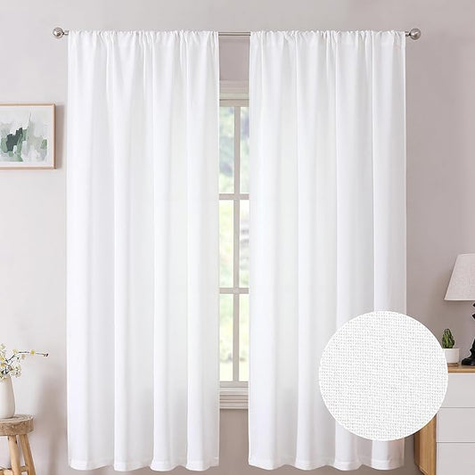 Tollpiz Short Linen Curtain Living Room Rod Pocket Semi Sheer Curtains Burlap Light Filtering Thick Linen Drape for Bedroom, 54 x 45 inches Long, White, Set of 2 Panels