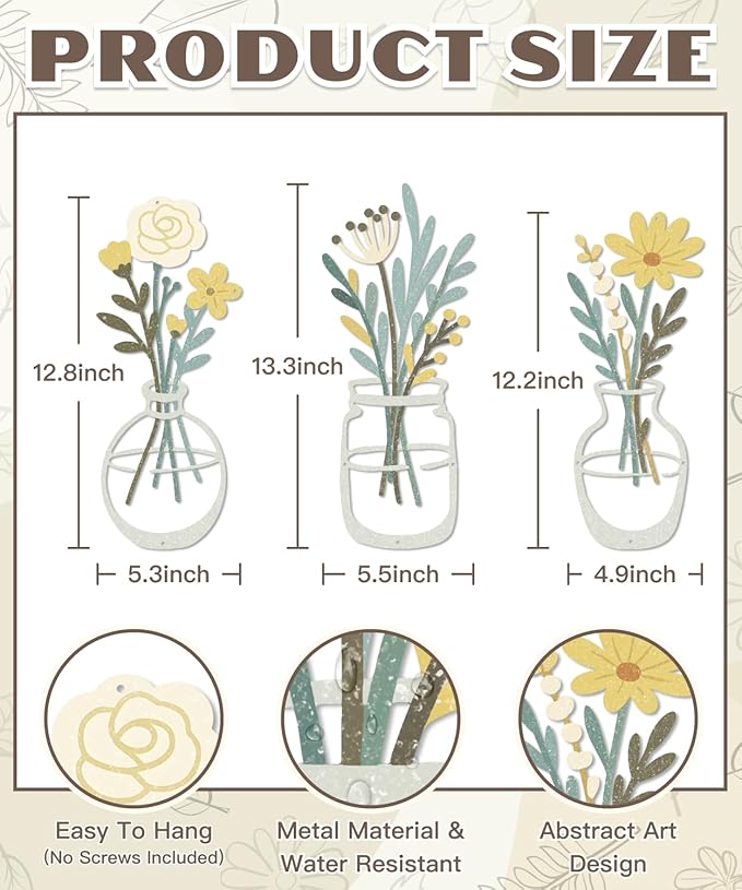 Putuo Decor 3 Pcs Metal Flower Wall Decor Modern Minimalist Iron Wall Sculptures Floral Line Vase Wall Art, Boho Farmhouse Wall Sculptures Hanging for Living Room Bedroom Entryway Kitchen Hallway Home