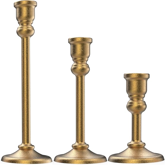 Heavy Candlestick Holders Taper Candle Holders Set of 3, Golden Candlestick Holders Decorative Candle Stand, Tapered Candle Holders Set for Wedding, Dining Table, Home Decoration (Antique Gold)