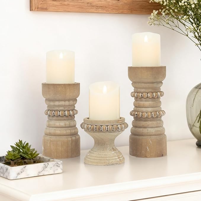 MODE HOME Rustic Wood Candle Holders Set of 3, Farmhouse Beaded Wood Pillar Candle Holder, Candle Holders for Pillar Candles & Candlesticks, Candle Sticks Holder Decor for Table Centerpiece