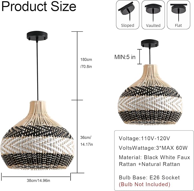 3-Light Rattan Pendant Light,1-Pack Hand-Woven Black White Faux Rattan Hanging Light 15" Boho Basket Wicker Chandelier for Living Room Bedroom Kitchen Dining Hallway