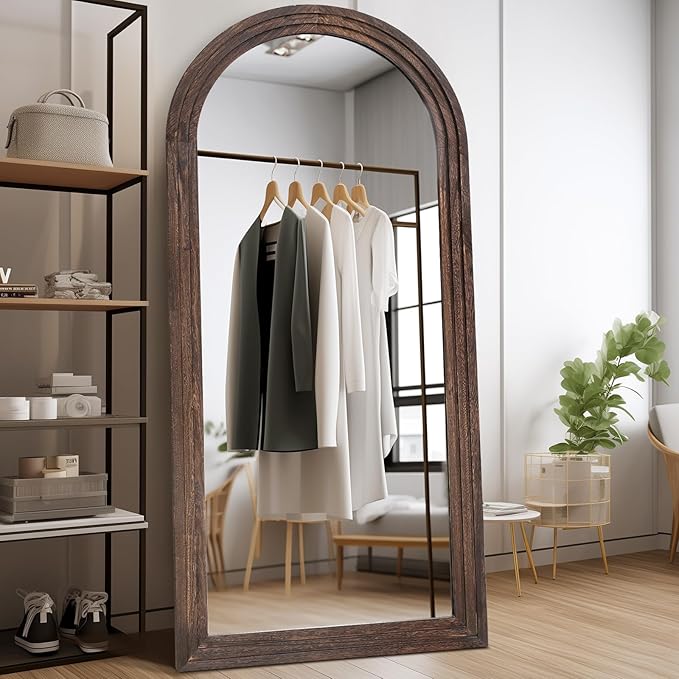Arched Full Length Mirror 71"x32" - Rustic Brown Solid Wood Wall Mirror, Oversized Leaning or Mounted Design for Bedroom, Entryway, Living Room Décor