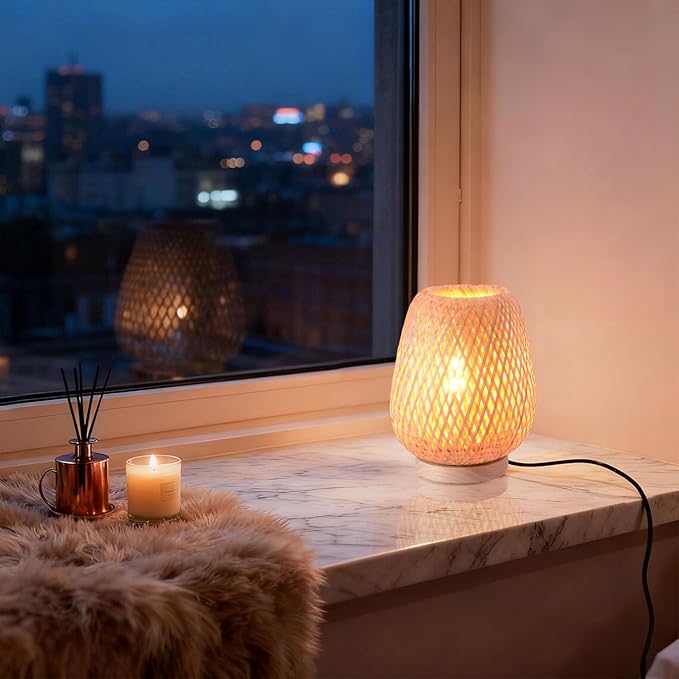 Boho Style Rattan Table Lamp,Dimmable Bamboo Desk Lamp,Green Bamboo