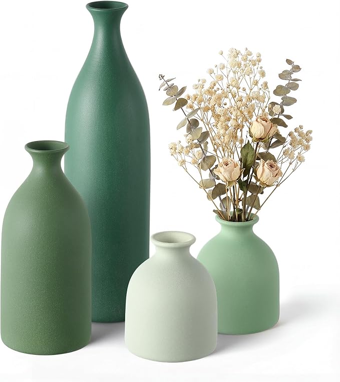 Dandat Ceramic Vase Set of 4, Modern Decorative Ceramic Vases Rustic Pottery Centerpiece Table Decor for Farmhouse Bouquet Pampas Grass Dried Fresh Flowers, Living Room, Kitchen, Bedroom(Green)