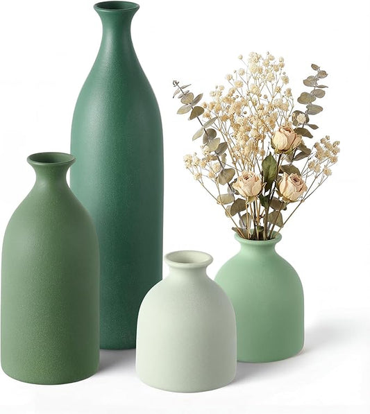 Dandat Ceramic Vase Set of 4, Modern Decorative Ceramic Vases Rustic Pottery Centerpiece Table Decor for Farmhouse Bouquet Pampas Grass Dried Fresh Flowers, Living Room, Kitchen, Bedroom(Green)