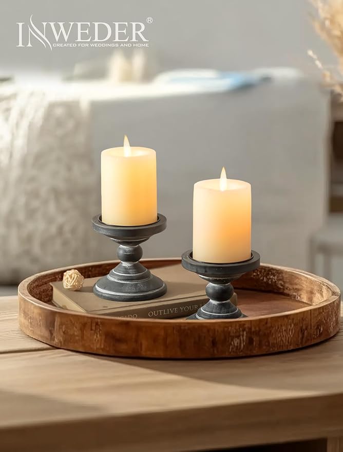 Wood Pillar Candle Holder: 2Pcs Rustic Black Candle Holders for Pillar Candles Wood Candle Holders Distressed Wooden Farmhouse Candle Holder Large Rustic Candle Holder for Fireplace Table