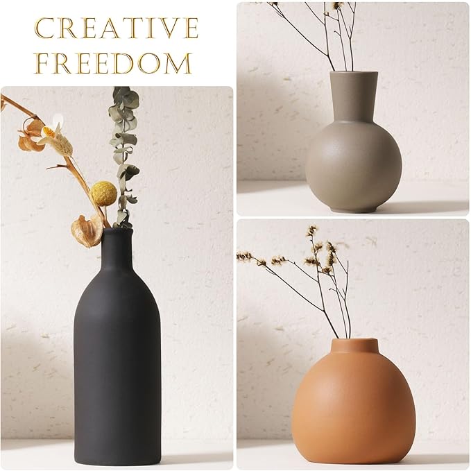 Joeabor Ceramic Vase Set of 3 - Handcrafted Ceramic Vases for Home Decor & Shelf - Modern Farmhouse Decor for Kitchen, Office, Bedroom & Living Room Decorative Objects for Mantel, Table Centerpieces