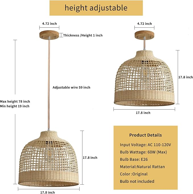 Rattan Pendant Lights, Hand-Woven Large Wicker Chandelier Boho Pendant Light Bamboo Basket Hanging Light for Bedroom Dining Room Kitchen Island Living Room, 17.8x17.8IN