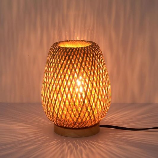 Boho Style Rattan Table Lamp,Dimmable Bamboo Desk Lamp,Yellow Bamboo