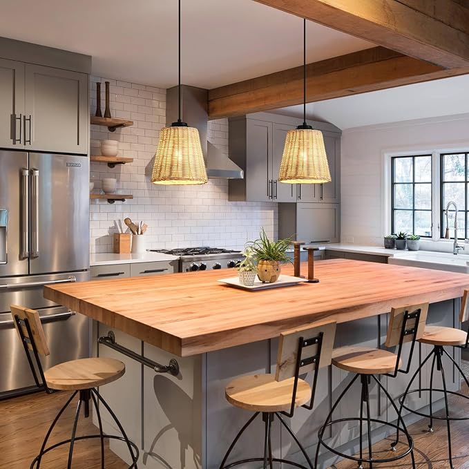 3 Pack Rattan Pendant Lights,Mini Hand-Woven Boho Chandelier Rustic Farmhouse Wicker Pendant Light Fixtures for Kitchen Island Hallway Dining Room