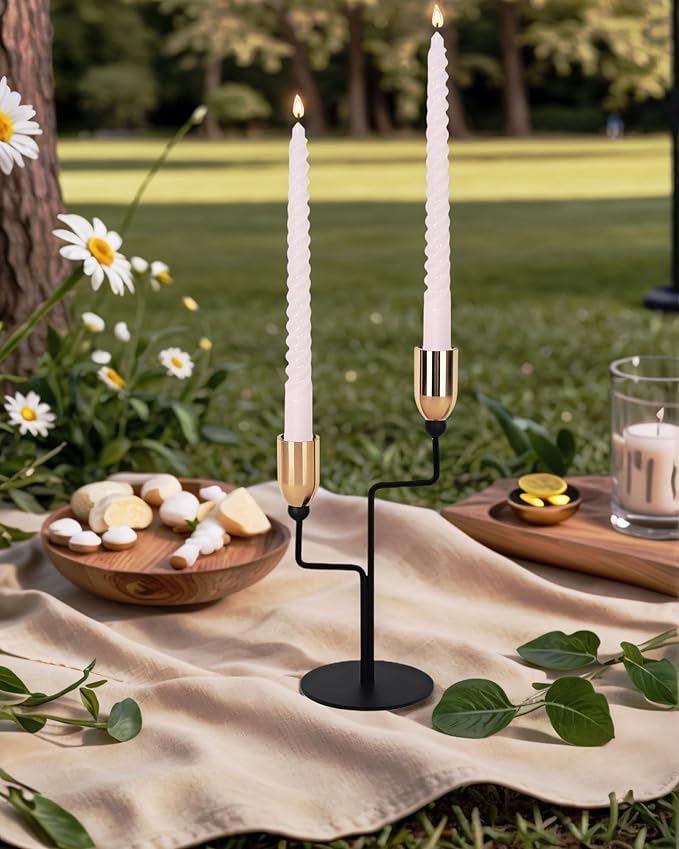 Metal Double Taper Candle Holder, Modern Gold & Black Candle Holder with Stable Base, Decorative Candle Stand for Home Decor, Wedding, Dining, Party, Anniversary