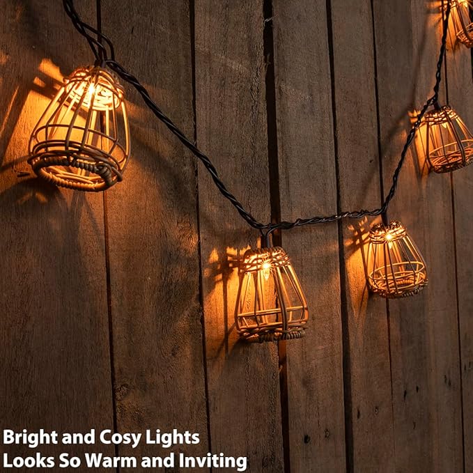 Decorative String Lights, UL Listed Rattan Lantern Style Patio Lights with 10 Mini Bulbs - Connectable, Weatherproof Plug In Lights for Indoor/Outdoor Home Decor, Pergola, Porch, Party and Backyard
