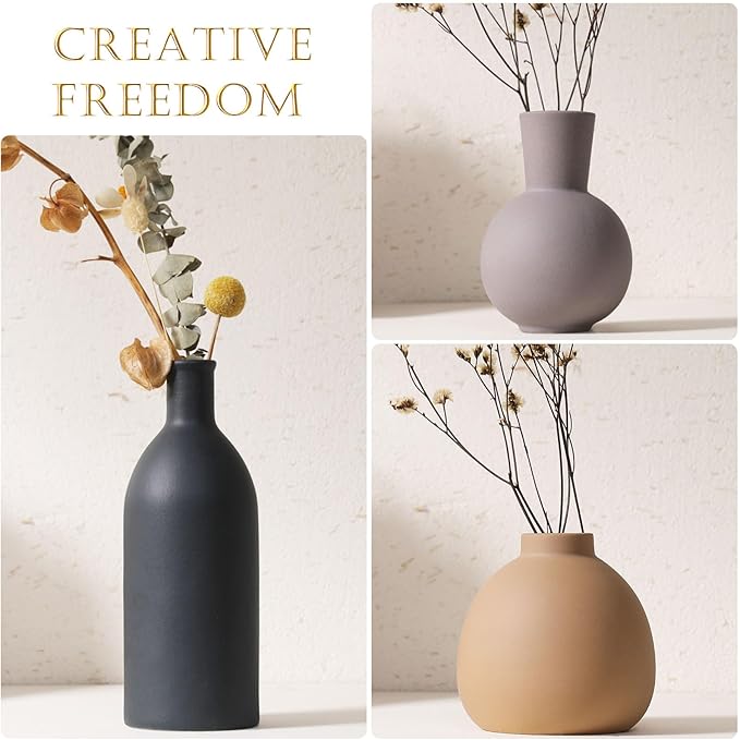 Joeabor Ceramic Vase Set of 3 - Handcrafted Ceramic Vases for Home Decor & Shelf - Modern Farmhouse Decor for Kitchen, Office, Bedroom & Living Room Decorative Objects for Mantel, Table Centerpieces