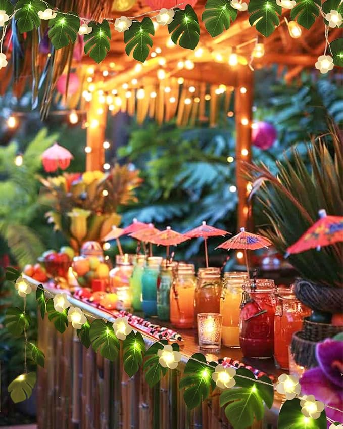 RECUTMS Monstera Leaf String Lights Artificial Foam Plumeria Tropical Palm Leaves Flower 40 LED Battery Operated Fairy Light Hawaiian Luau Beach Party Summer Decorations Outdoor Indoor(White+Green)