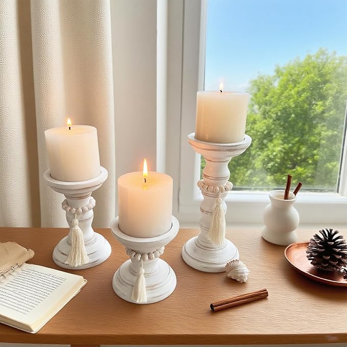 Wood Candle Holders for Pillar Set of 3 Rustic Candles Holder Tall Candlestick Stand for Farmhouse Decor Fireplace Table Centerpieces