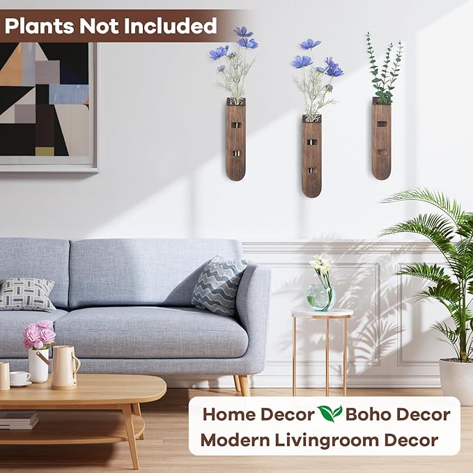 3 Pack Wood Planter Set, Boho Wall Decor for Living Room, Modern Farmhouse Entryway or Bathroom Decor, Wooden Vase Aesthetic Art for Wall Decorations